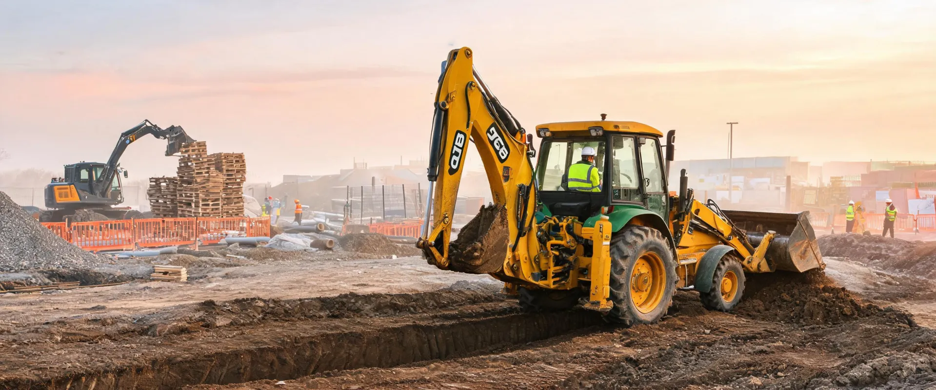 JCB backhoe loader digging utility trench on construction site