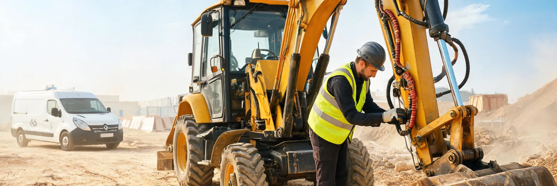 JCB field technician servicing backhoe on jobsite